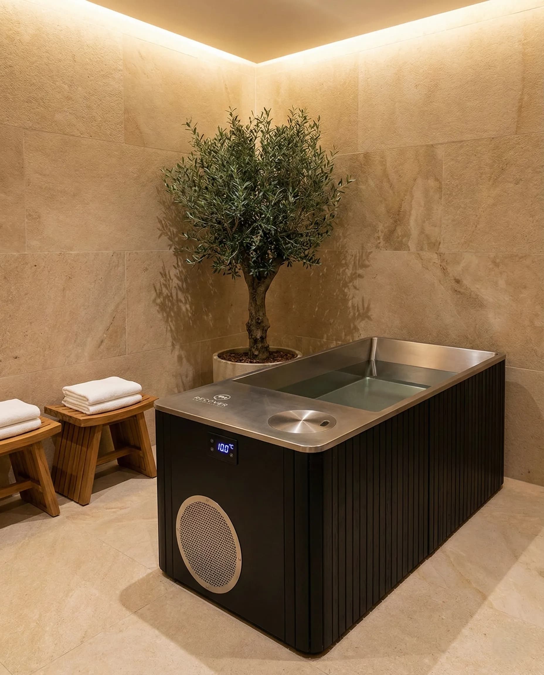 Red cedar and stainless steel ice bath therapy room